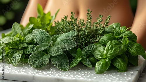 Fresh herbs, mint, basil, sage, thyme, on marble. photo