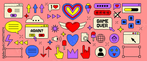 Bit icon. Game pixel element. Technology arrow. Love heart. Retro computer UI frame. Message interface bubble. Vintage art app. Digital color shape. Interface of screen. Vector garish Y2K symbols set