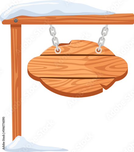 Snow covered wooden sign hanging from a wooden post with chains, creating a rustic winter scene perfect for advertisements or announcements