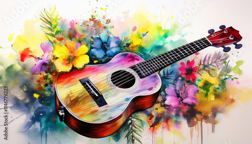 süße Ukulele – gemalte Aquarellillustration eines charmanten Saiteninstruments photo