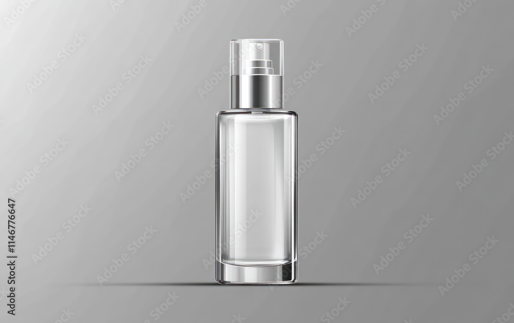 Clear glass spray bottle with a silver pump on a neutral background Clear glass spray bottle with a silver pump on a neutral background