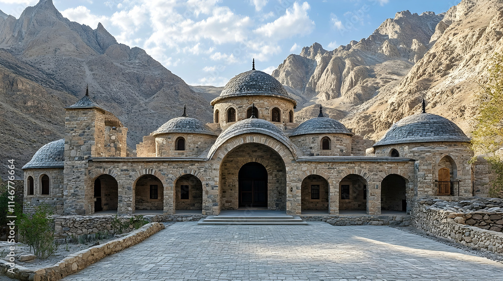 Fototapeta premium Turkish Stone Caravanserai with domed roofs and mountain backdrop, historic Anatolian landmark