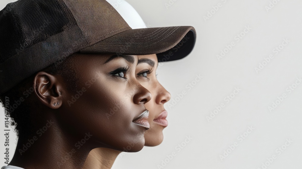 Two young women in profile view wearing baseball caps. Two young women in profile view wearing baseball caps.
