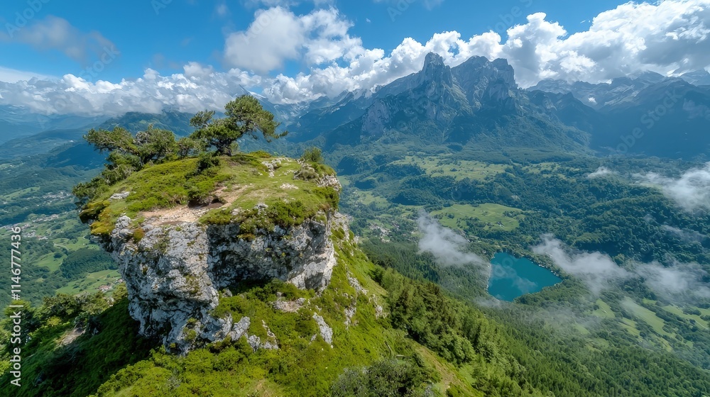 Obraz premium Mountaintop vista rocky outcrop, trees, valley, lake, clouds.