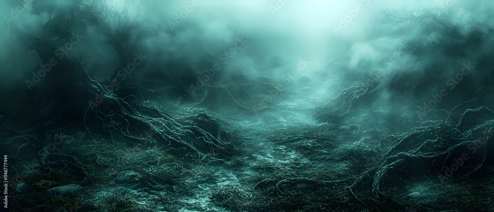 A mysterious, fog-covered forest scene, featuring twisted roots and a winding path, evoking a sense of intrigue and unease in a dark, ethereal atmosphere. A mysterious, fog-covered forest scene, featuring twisted roots and a winding path, evoking a sense of intrigue and unease in a dark, ethereal atmosphere.