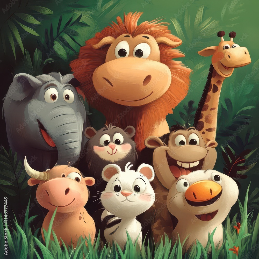 Naklejka premium Happy Jungle Animals Group Portrait In Grass