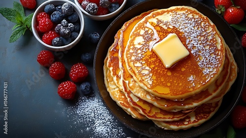 Buttery pancakes stacked high with fresh berries and powdered sugar.