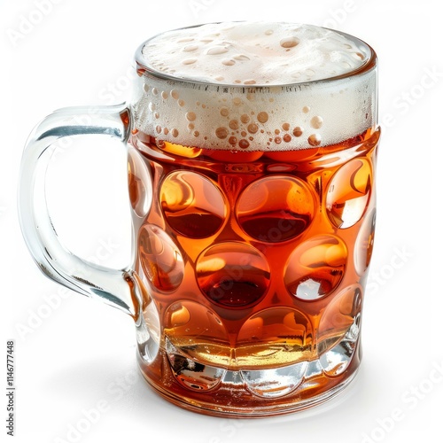 Large dimpled beer mug overflowing with amber beer and a thick head of foam sits on a white background photo