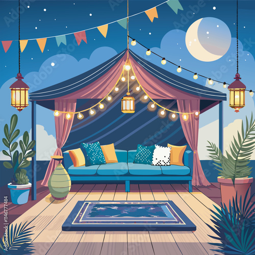 Nighttime scene with a decorated patio and moon