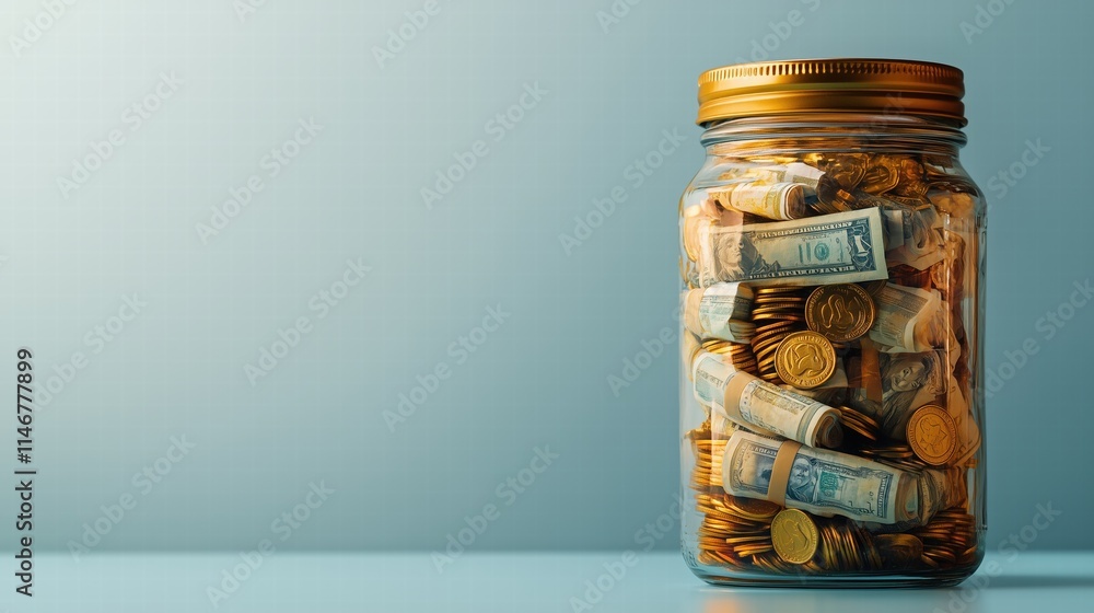 Jar filled with dollar bills and coins on gradient background. personal finance savings concept Jar filled with dollar bills and coins on gradient background. personal finance savings concept