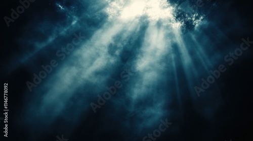 Sunbeams filtering through misty forest trees with a dramatic atmosphere