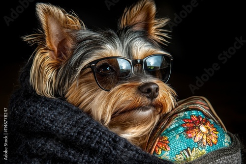 Stylish dog wearing sunglasses and a cozy blanket poses for a winter portrait indoors photo