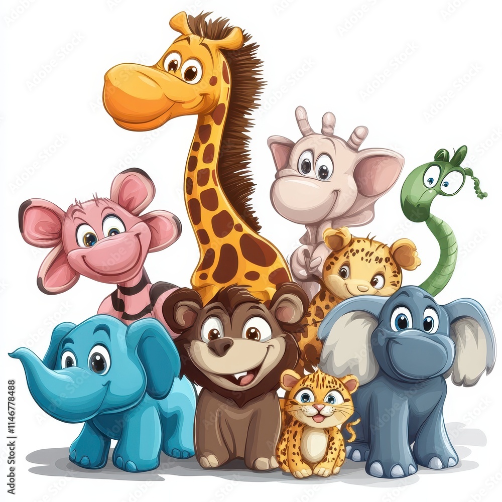 Naklejka premium Adorable Cartoon Animals Grouped Together In A Friendly Pose