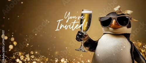 Stylish Penguin Celebrates with Champagne: Youre Invited Party Invitation Stock Photo photo