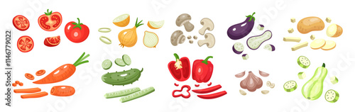 Salad slice. Vegetable pieces. Tomato and carrot chopping. Food icon. Cutting knife for cooking ingredients. Fresh products. Meal preparation. Recipe for kitchen. Ripe pepper or onion. Vector tidy set