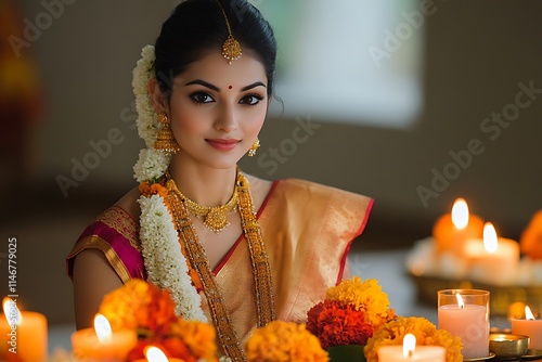 Stunning Indian Bride in Red Bindi and Golden Sari