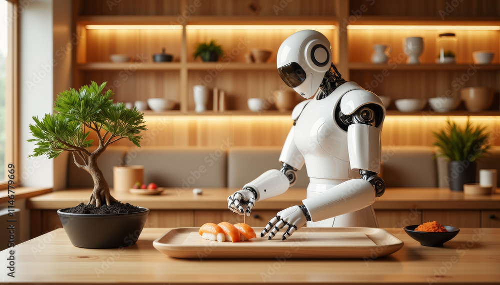 Innovative robot chef skillfully prepares sushi in a modern kitchen setting with a serene atmosphere Innovative robot chef skillfully prepares sushi in a modern kitchen setting with a serene atmosphere
