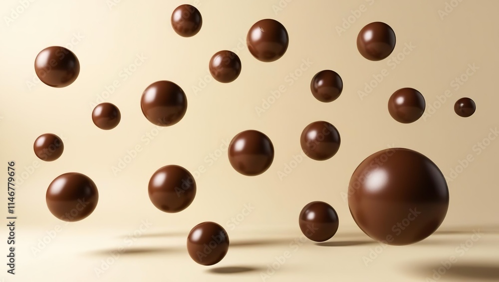 Fototapeta premium Brown chocolate spheres 3D floating in the air, mocha mousse food art, gravity