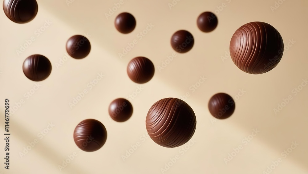 Fototapeta premium 3D chocolate spheres in free fall in gravity, light background, mocha mousse creative banner
