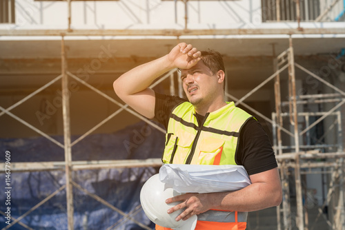 Male construction engineer worker working feeling tired and thirst of water at construction site