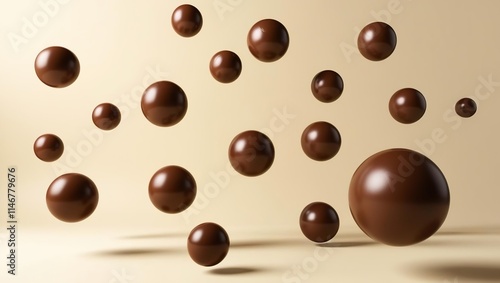 Brown chocolate spheres 3D floating in the air, mocha mousse food art, gravity