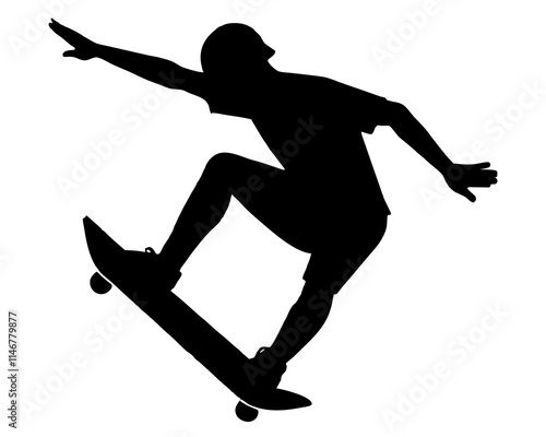 One skateboarder performing a trick black silhouette vector with white background