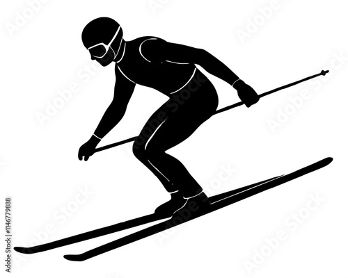 One skier racing downhill black silhouette vector with white background