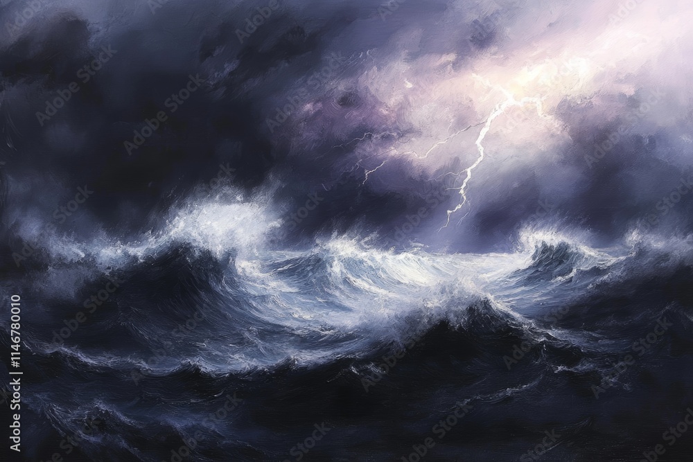 A dramatic seascape depicting turbulent waves and lightning in a stormy sky. A dramatic seascape depicting turbulent waves and lightning in a stormy sky.
