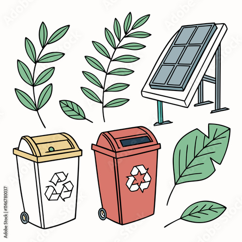 Eco Icons illustrations: Recycling bins, solar panels, green leaves for sustainability projects