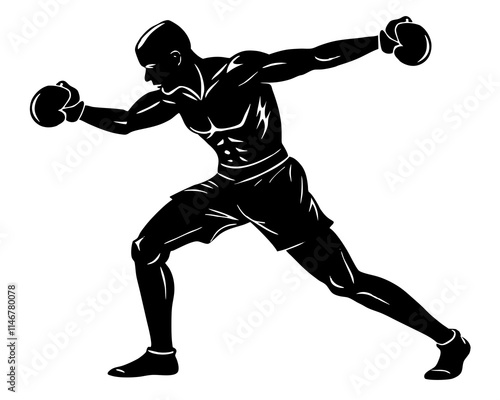 one boxer throwing a punch black silhouette vector with white background