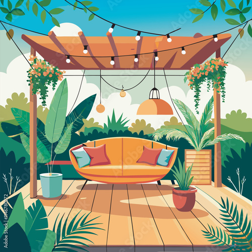 Cozy outdoor seating area with plants