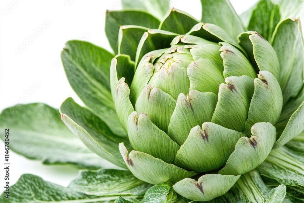 Fototapeta premium A large green artichoke with tightly packed leaves, isolated on a white background