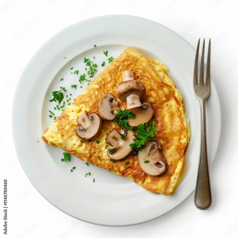 Delicious folded omelette with sauteed mushrooms and chopped chives and parsley, garnished on a white plate with a fork Delicious folded omelette with sauteed mushrooms and chopped chives and parsley, garnished on a white plate with a fork