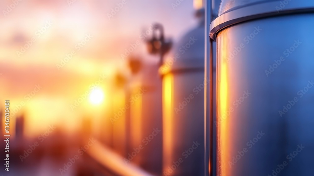 Fototapeta premium A vibrant sunset reflects on metallic tanks, showcasing a blend of industrial design and natural beauty in a serene setting.