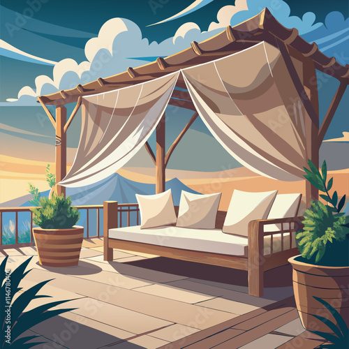 beachfront pergola with curtains and seating
