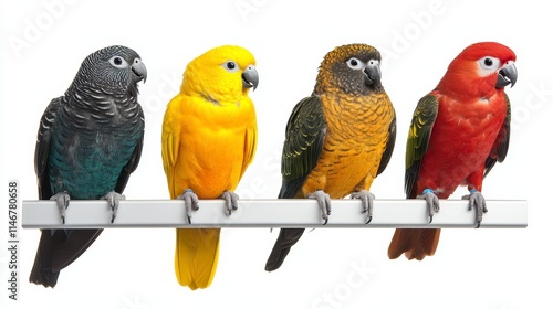 Four colorful parrots perched on a white rod, showcasing vibrant plumage in shades of black, yellow, green, and red. photo