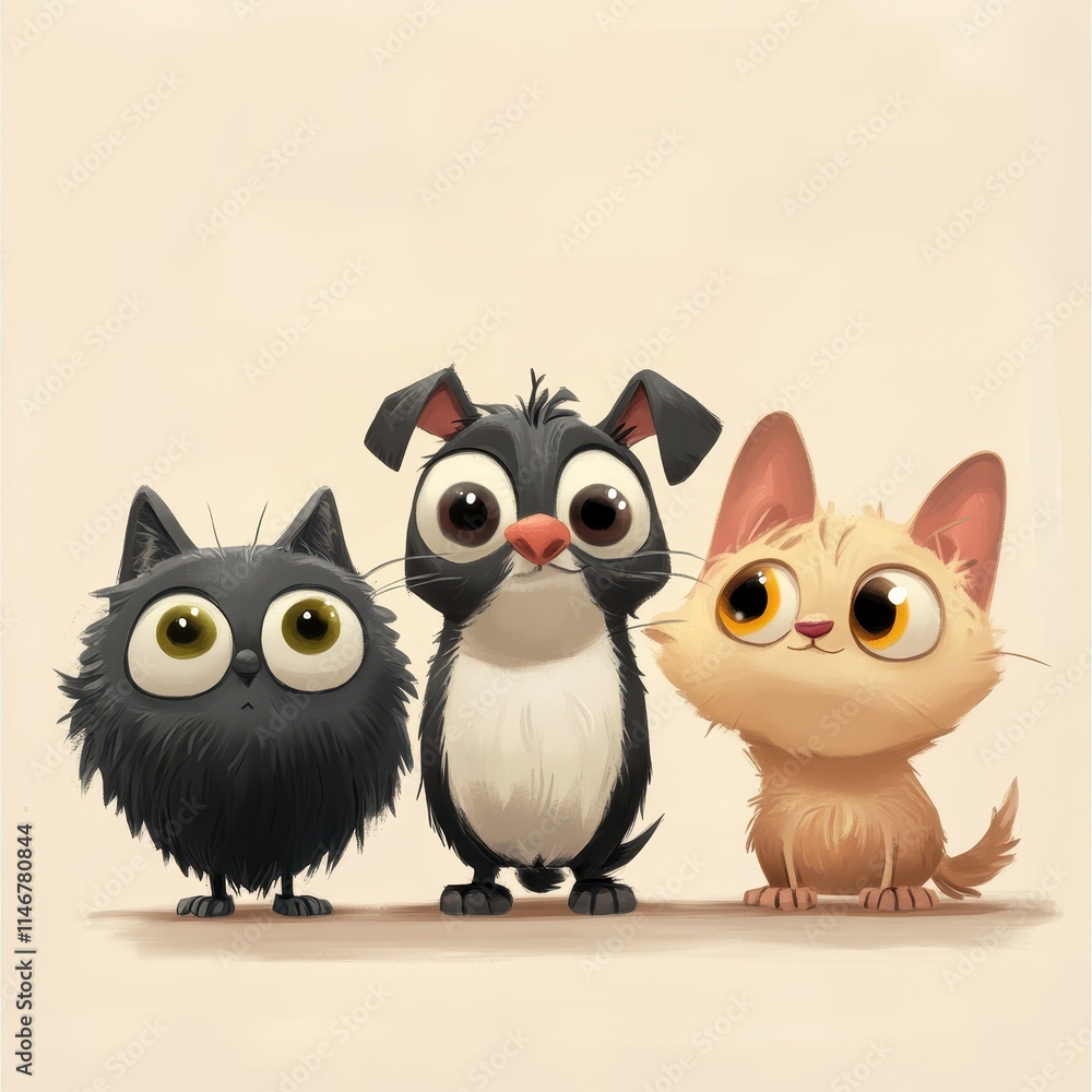 Fototapeta premium Adorable Cartoon Cat Dog and Fluffy Cat Friends