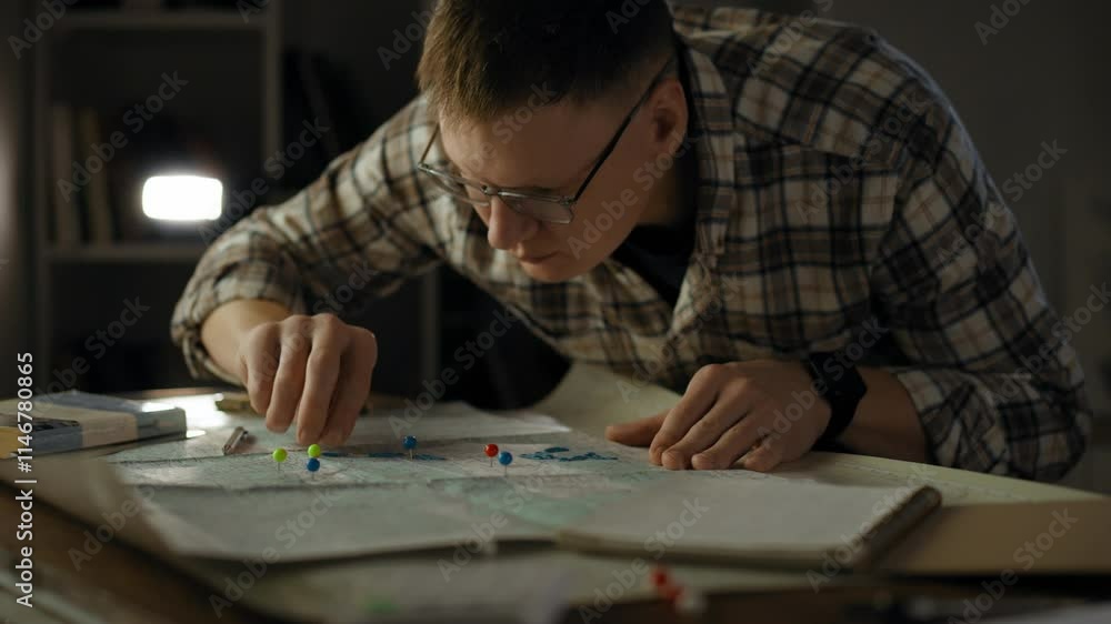 A young adult is focused on a large map spread out on a table, using colorful pins to mark locations. The soft glow from a nearby light illuminates the scene, enhancing the nighttime study atmosphere A young adult is focused on a large map spread out on a table, using colorful pins to mark locations. The soft glow from a nearby light illuminates the scene, enhancing the nighttime study atmosphere