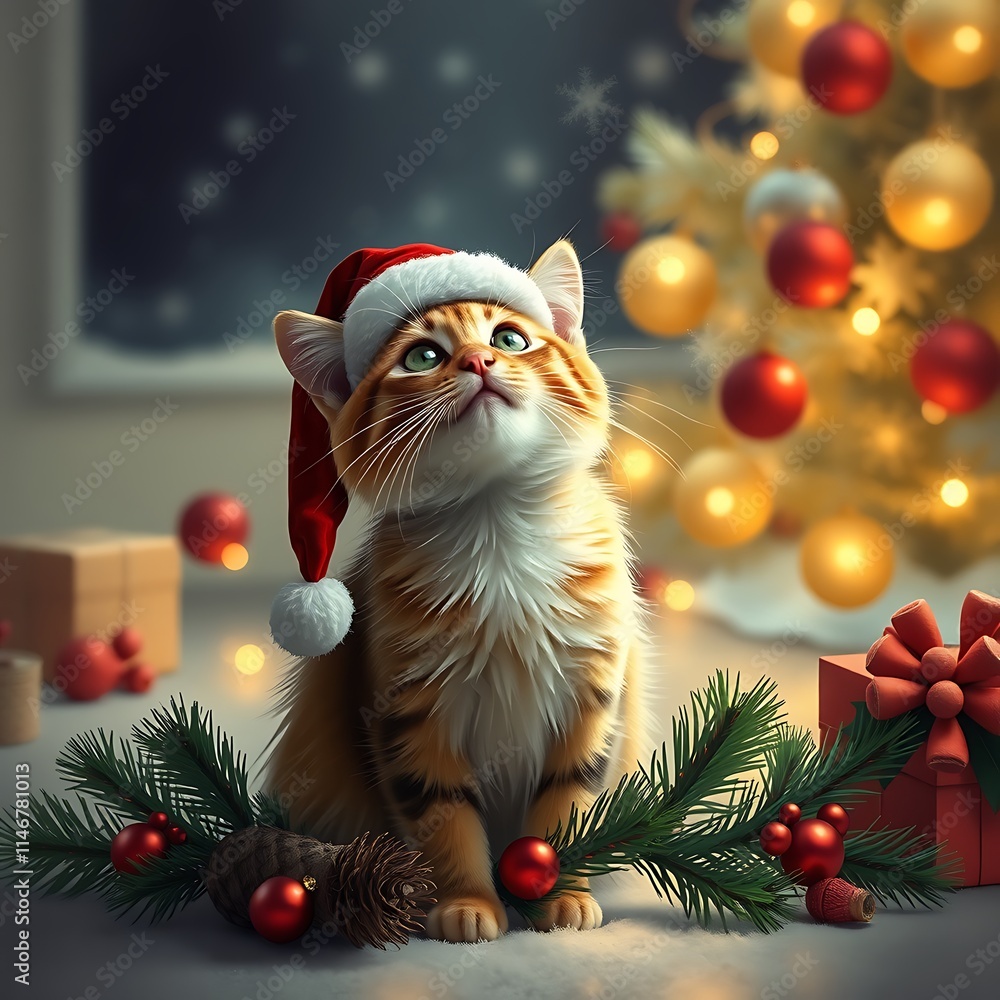 Obraz premium Christmas cat. Portrait of a fluffy cat next to a gift box on the background of Christmas tree and lights of garlands.