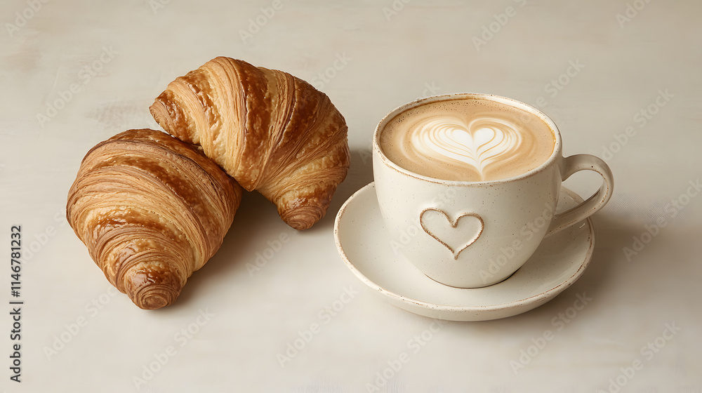 Delicious croissants and creamy latte art in white ceramic cup create cozy atmosphere Delicious croissants and creamy latte art in white ceramic cup create cozy atmosphere