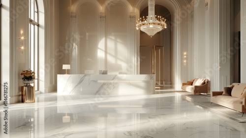 Elegant Marble Lobby Interior Design: Luxurious Reception Area with Crystal Chandelier