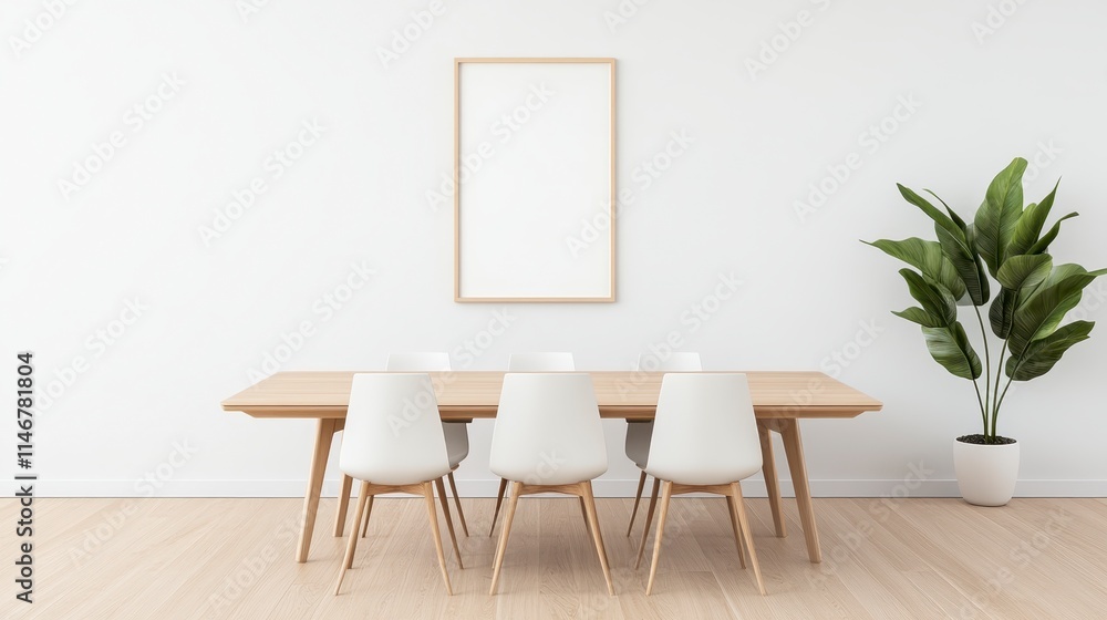A minimalist dining area featuring a wooden table, four modern chairs, a blank frame on the wall, and a potted plant, creating a serene atmosphere. A minimalist dining area featuring a wooden table, four modern chairs, a blank frame on the wall, and a potted plant, creating a serene atmosphere.