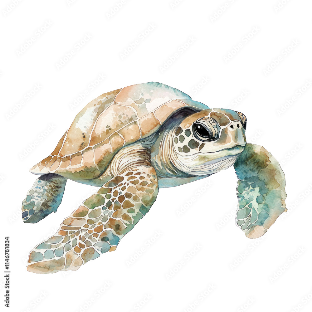 Fototapeta premium Detailed Watercolor Illustration of Loggerhead Turtle Swimming Gracefully in Ocean Waters