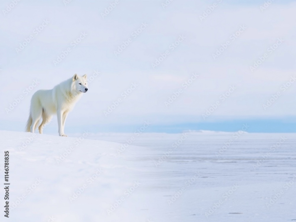 A solitary white wolf stands on a snowy landscape, gazing into the distance. A solitary white wolf stands on a snowy landscape, gazing into the distance.