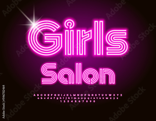 Vector Neon Advertisement Girls Salon. Pink Glamour Font. Unique Glowing Alphabet Letters and Numbers set.