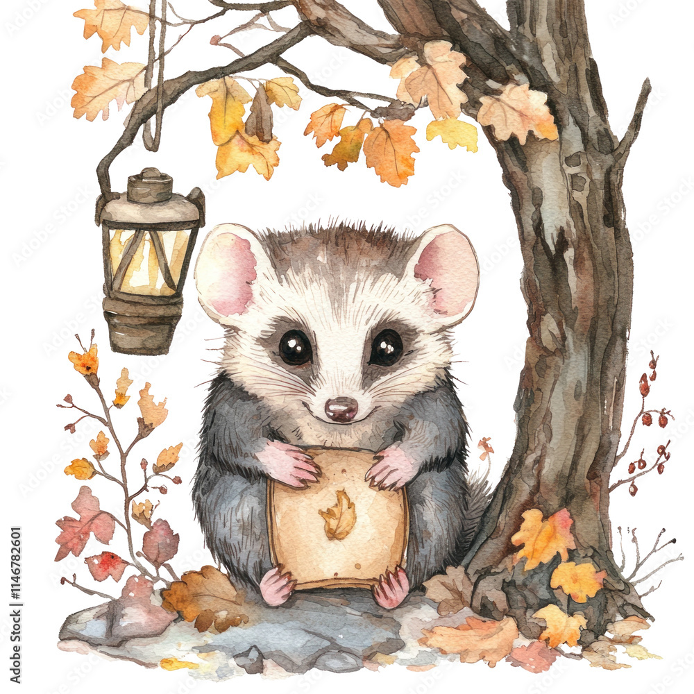 Fototapeta premium Charming Opossum Illustration Surrounded by Autumn Leaves and Lantern in a Whimsical Nature Scene