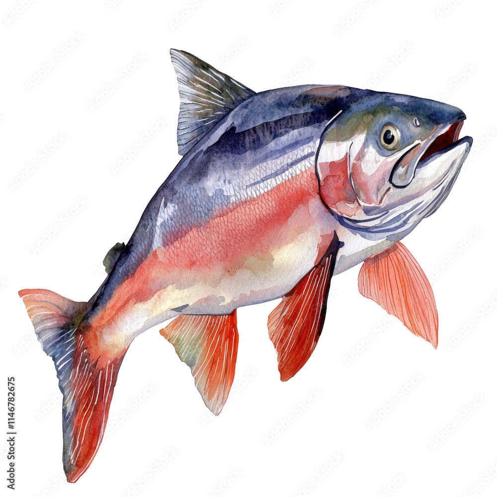 Fototapeta premium Watercolor Illustration of a Vibrant Pacific Salmon with Detailed Features and Rich Color Palette