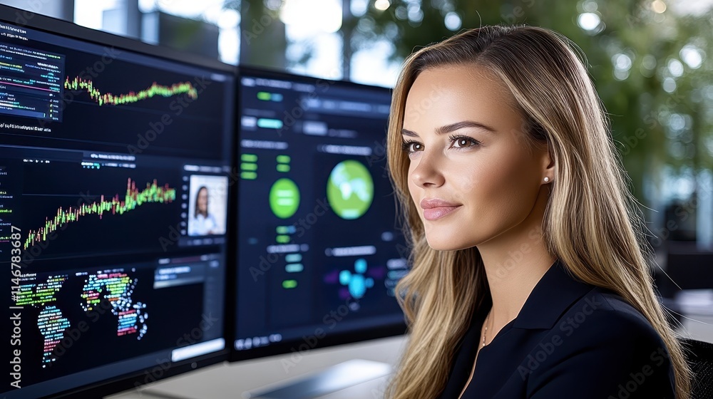 A focused professional analyzes data on multiple screens, showcasing technology and productivity in a modern workspace. A focused professional analyzes data on multiple screens, showcasing technology and productivity in a modern workspace.