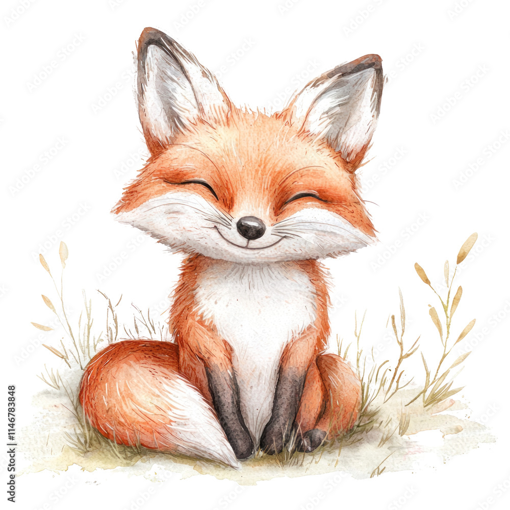 Obraz premium Charming Illustration of a Playful Red Fox Smiling in a Natural Setting Surrounded by Delicate Grass and Foliage