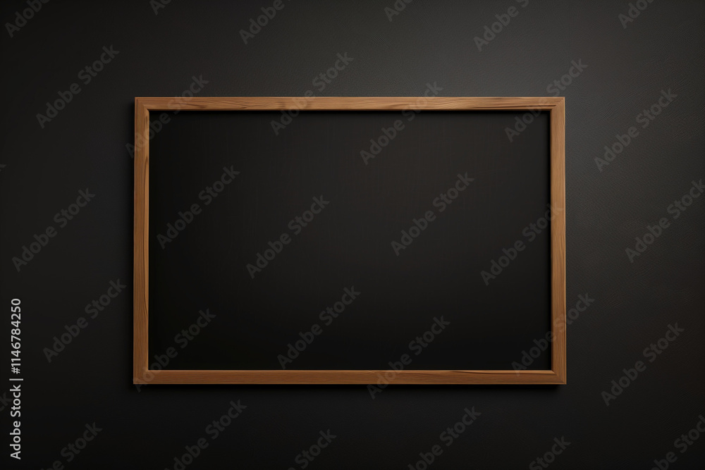 Minimalistic black chalkboard with a natural wooden frame, set against a dark, seamless background. Suitable for education, advertising, or creative designs with space for text or illustrations. Minimalistic black chalkboard with a natural wooden frame, set against a dark, seamless background. Suitable for education, advertising, or creative designs with space for text or illustrations.